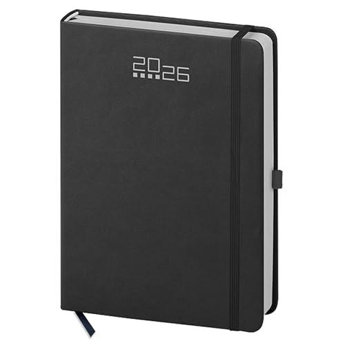 pubblimania Agenda Giornaliera 2026 Con Elastico e Portapenna, Organizer 15x21 cm Per Appuntamenti Ufficio Casa e Lavoro Professionale - Copertina Rigida (Nero con Elastico)