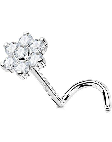 OUFER 20G Piercing Naso Donna Anellino Argento 925 S Fiore Piercing Naso Nostril Transparent CZ Nose Ring 7mm Gioielli Per Il Corpo Per Le Donne