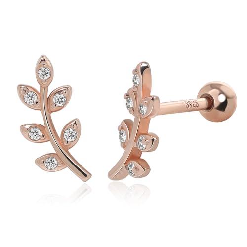 Meissa Orecchini a Vite Delicati per Donne in Argento Sterling Placcato Oro, con Foglia e Zirconia Cubica, Ipoallergenici per Cartilagine, Rosa oro