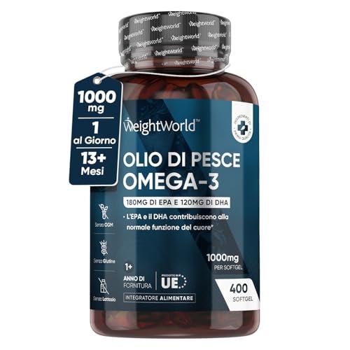 Omega 3 Olio di Pesce 400 Softgel (1+ Anno) Omega3 Senza Retrogusto, Cuore, Vista, Funzione Cerebrale, Fonte di Acidi Grassi Essenziali, Olio di Pesce Omega 3 Alto Dosaggio EPA DHA, Omega 3 1000mg