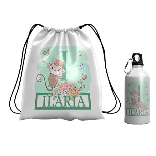 Borraccia e zainetto coordinati e personalizzati con nome Sacca scuola e asilo Bottiglia alluminio acqua riutilizzabile ecologica sport tempo libero ufficio