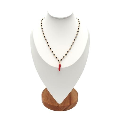 Collana Donna con cristalli neri, catena colore oro e ciondolo cornetto rosso portafortuna. Realizzata a mano.