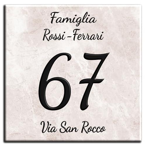 Numero Civico Targa Decorativa PERSONALIZZABILE,Numero Civico su Mattonella in Ceramica 11x11cm, 15x15cm, 20x20cm con Indirizzo e Nome Famiglia Personalizzato,Numeri Civici Moderni. (PM)