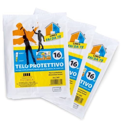 PENNELLIFICIO 2000 | Set 6 Teli Copritutto in Plastica, Teli Protettivi, Antigoccia, Protegge da Macchie di Pittura, Sporco, Umido, Misura: 4 x 4 Metri, 16 MQ, Grammatura: 195 gr – Made in Italy