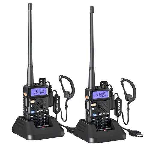 JUCJET 5R Walkie Talkie Ricaricabili per Adulti, Radio a Lungo Raggio 144-146/430-440 MHz per Adulti con 128 Canali di Memoria, VOX, Stazione di Ricarica USB, Cuffie (Nero, Confezione da 2)