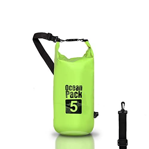 Dry Bag, Borsa Sacca Zaino Impermeabile Waterproof, chiusura a rotolo e tracolla, custodia impermeabile per cellulare e marsupio per Mare Barca Pesca Rafting Spiaggia Sport Acquatici (Green, 5l)