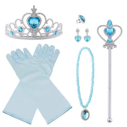 Vicloon 8 PCS Nuovi Accessori per Vestire Principessa con Diadema, Guanti, Bacchetta Magica, Orecchini, Anello, Collana per Ragazze di 3-10 Anni（Blu）
