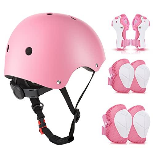 Set di Protezioni per Bambini,Wayeee Protezioni Pattini con Casco Regolabile Ginocchiere Gomitiere per Skateboard,Bicicletta,Pattinaggio, Monopattino (Rosa)