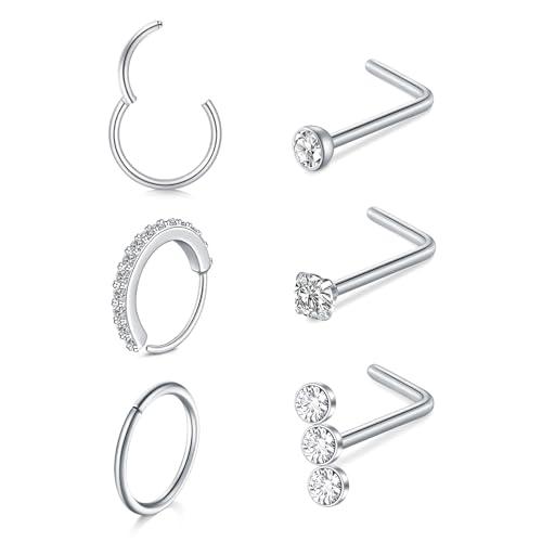 LAURITAMI 6 Pezzi 20G Piercing Naso Acciaio Inossidabile,Cerchio Anello Septum Clicker 8mm e Forma L Piercing Naso Argento Brillantino Con Zirconi Gioielli per Donne Uomini