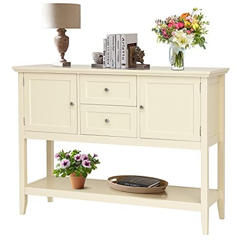 COSTWAY Credenza di Legno con 2 Cassetti e 2 Armadietti, Tavolo da Buffet con Mensola in Basso, Ideale per Salone Ingresso e Ufficio, 117 x 38 x 86,5 cm (Beige)