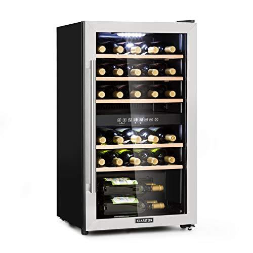 Klarstein Cantinetta Vino, Cantinetta Vino Refrigerata a Zona Doppia per Interno/Esterni, Frigo Bar, Cantina Vino con Vetrina, Mini Bar con Protezione UV, Frigo Vino Touch, 5-22°C, 29 Bottiglie