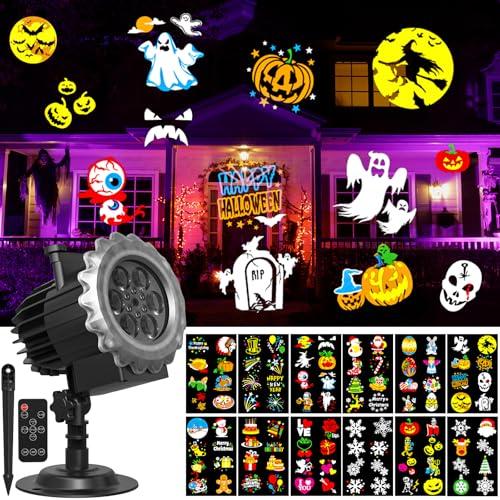 OUSFOT Proiettore Halloween, Proiettori per Esterni 12 Diapositive, con Funzioni di Temporizzazione e Controllo Remoto, Adatto per Halloween, Natale, Feste
