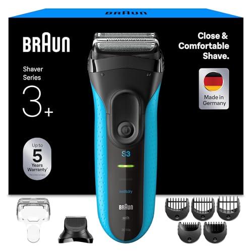 Braun Rasoio elettrico serie 3+, 3 lame flessibili, micropettine efficiente, accessorio per regolabarba, +5 pettini, rasoio da uomo bagnato e asciutto, prodotto in Germania, 3010BT, blu