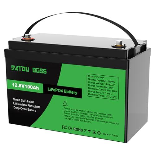 DATOUBOSS Batteria al Litio 12V 100Ah LiFePO4, BMS 100A Incorporato, Fino a 15.000 Cicli Profondi, Uscita Massima 1280Wh, Supporto Collegamento in Serie/Parallelo, per Camper, Sistema Solare