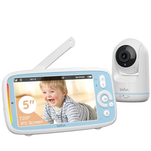 Boifun Baby Monitor con Telecamera Rotante 360° HD, Schermo IPS 5”, Audio Bidirezionale, Rilevamento Temperatura, Batteria 3050mAh, Zoom 3X, Visione Notturna,Modalità VOX, Ninne Nanne per Neonati