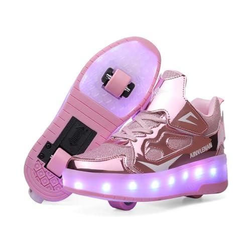 Scarpe da Ginnastica per Bambini, Scarpe da Skateboard a Due Ruote, Luce a Cambio Colore Regolabile, Ricarica USB, Universale per Ragazzi e Ragazze,Rosa 33 EU.