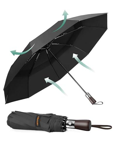 TECKNET Ombrello Pieghevole Automatico, Ombrello Portatile Antivento, 9 Telai e Tessuto 210T, Ombrello Compatto con Manico in Legno ad Apertura e Chiusura Automatica, Per Uomini & Donne
