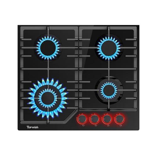 TOPWISH piano cottura 4 fuochi gas, piano cottura gas, piastra di cottura incasso 60cm con rossa manopole illuminate, protezione flame-out, NG/LPG convertibile, accensione elettronica, 8000 Watt