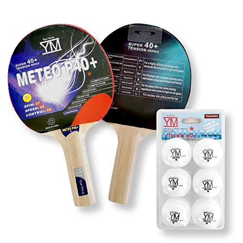YM Kit 2 Racchette + 6 Palline Professionali 40 mm per Tavolo da Ping Pong Indoor Outdoor
