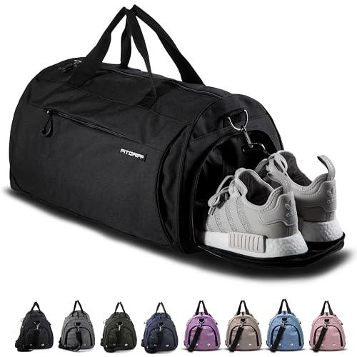 Fitgriff® Borsone Palestra Uomo & Donna V1 - Borsa Sportivo con Porta Scarpe e Tasca Umida da Viaggio, Sport, Fitness, Piscina - Duffel Bag (Black, 48 x 26 x 25 cm (Small))