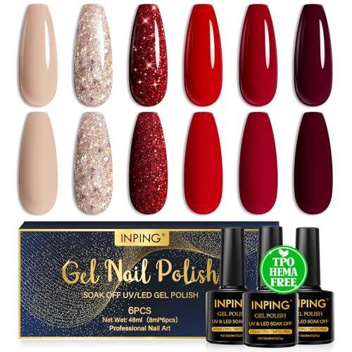 INPING Smalto Semipermante Per Unghie HEMA-FREE TPO-FREE, 6 Colori Nude Glitter Rosso Kit Semipermanente Unghie, Soak-Off UV Nail Art Gel Unghie Set, 8 ML