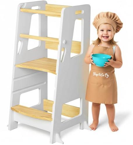 BEY & CO® Torre di Apprendimento/Osservazione in Legno – Learning Tower per Bambini – 3 Altezze Regolabili, Superficie Antiscivolo e Piedini Antiribaltamento - Metodo Montessori (Bianco)