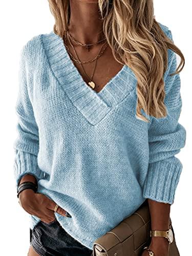 ORANDESIGNE Maglione Donna Lavorato Maglia Color Block Cuciture Leopardo Caldo Tinta Unita con Scollo a V Casual Moda Pullover a Maniche Lunghe Jumper Autunno Inverno C Blu L