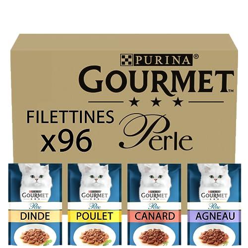 Purina Gourmet Perle Filettini in Salsa Cibo Umido per Gatti con Anatra, Agnello, Pollo, Tacchino, 96 buste da 85g