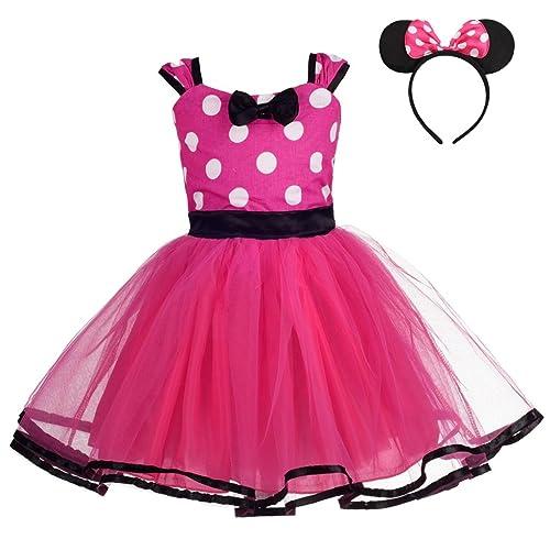 Lito Angels Vestito Costume Minnie per Bambina con Cerchietto, Taglia 3-4 Anni, Rosa Caldo Pois (Etichetta in Tessuto 120)
