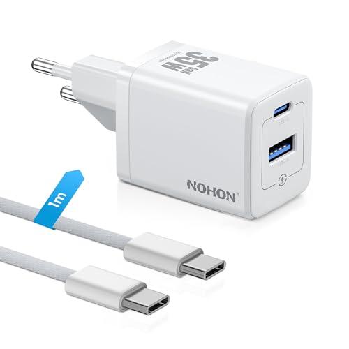 NOHON Caricatore USB-C Rapido Caricabatterie: 35W GaN Alimentatore USB C, 2-Porte Spina USB con Cavo Rapido 60W 1M, Compatibile per iPhone 15 14 13 12 Pro Max/iPad Pro Mini/Samsung (Bianco)