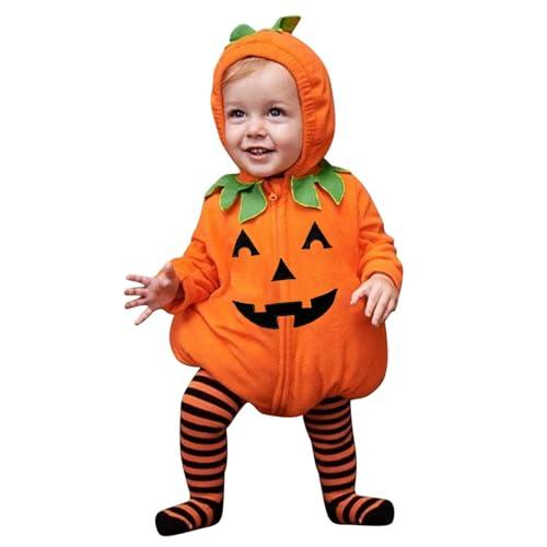 2 Pezzi Costume Halloween Neonato Zucca Tutina Pagliacetto Bebé Unisex, Zucca Vestito Halloween Neonato con Cappuccio Leggings a Piedi a Righe per Carnevale Feste e Cosplay (05-Arancia, 6-12 mesi)