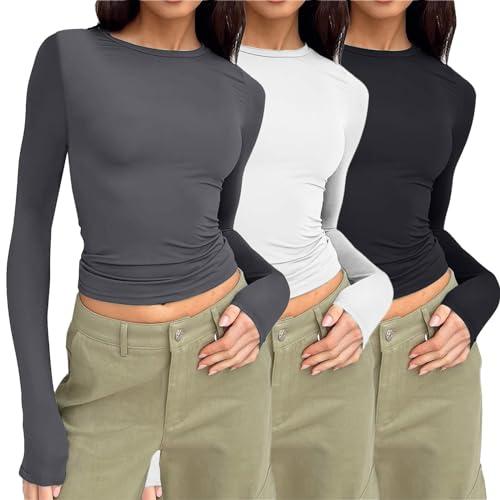 errcom 3 Pezzi Maglietta a Manica Lunga Donna, T-Shirt Girocollo a Maniche Lunghe con vestibilità Classica, T-Shirt Donna Y2K Manica Lunga Sexy Back Camicie Crop Top