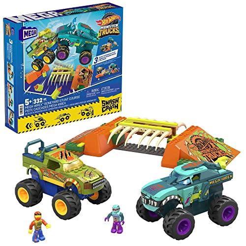 MEGA Hot Wheels Monster Trucks - Percorso Sfasciacarrozze Mega-Wrex Scontra e Schianta, Set da costruzione con 332 pezzi, 2 veicoli e 2 micro action figures, giocattolo per bambini, 5+ anni, HKF89