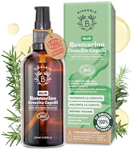 BIONOBLE Olio di Rosmarino per Capelli Bio - Stimola Crescita e Riduce Caduta - Olio Essenziale Rosmarino, Ricino, Argan e Jojoba - Rosemary Oil for Hair Growth - Bottiglia di Vetro + Pipetta - 100ml