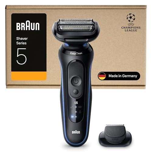 Braun Serie 5 Rasoio Elettrico Barba, Wet&Dry, Regolabarba Uomo, Rasoio Barba, 50 Min Di Utilizzo, Accessorio Rifinitore di Precisione, Senza Fili, 100% Impermeabile, 52-B1200SI, Blu