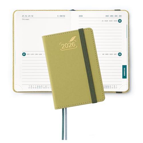BEZEND Mini Agenda 2026 Bi-Giornaliera Tascabile 12 x 8 cm, 2 Giorni per Pagina (1 Settimana su 4 Pagine) - B7 Diario Piccola da Gen a Dic 2026, Copertina Rigida in Pelle PU, Mostaza