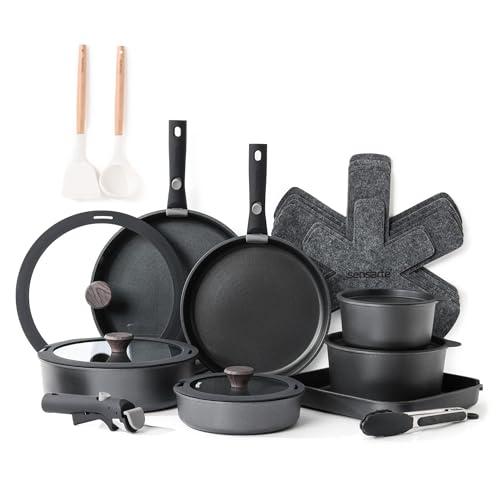 SENSARTE Set di Pentole 24 Pezzi con Manici Rimovibili, Antiaderente in Granito, Compatibile con Induzione e Gas, Include Padelle, Casseruole e Grill, Impilabile e Lavabile in Lavastoviglie
