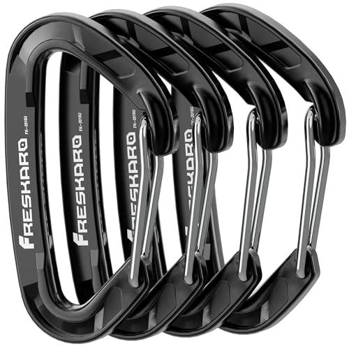 FresKaro 4Pezzi Moschettone Portachiavi, Moschettoni Alluminio Ultralight, Forte 15kN 1529kg, Rapido Sgancio Grande Gancio per Borse, Zaino, Camp, Guinzaglio Cane, Altalena, Amaca, 8cm 21g, Nero
