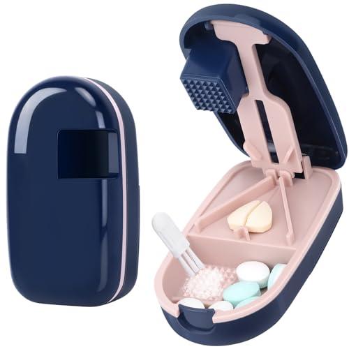 Alyvisun Taglia Pastiglie, Taglia Pillole Di Precisione Portatile, Taglio V con Macinatura, Comprimido che Scivola Automaticamente, Protezione Lama di Sicurezza e Stoccaggio (Blu)