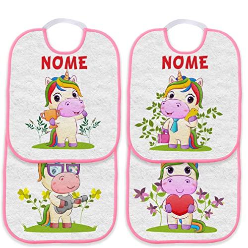 Set 4 Bavetta Bavaglino Asilo con elastico personalizzato con nome del bambino (Unicorno Bordo Rosa)