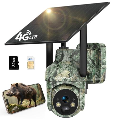 LEMNOI Fototrappola 4G Solare con SIM e Scheda SD Preinstallate, Fotocamera da Caccia con Pannello Solare, Telecamera Esterna 2K PTZ Impermeabile con Visione Notturna a Colori, Rilevamento PIR