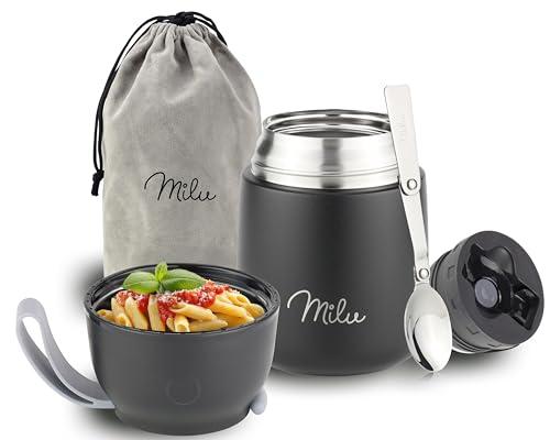 Milu Thermo per Alimenti 300ml 440ml 450ml 650ml 800ml I Contenitore Termico di Acciaio Inossidabile, Isotermico Sottovuoto per Cibi Caldi e Freddi (Nero, 450ml)