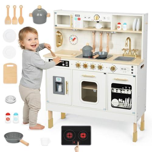 Mamabrum Cucina in Legno per Bambini XXL – Cucina Giocattolo Interattiva con LED, Microonde, Lavastoviglie, Macchina da Caffè, Forno, Lavello e Accessori
