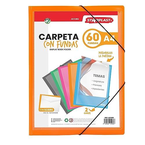 Starplast Cartelle con Buste - Cartelle in Plastica, Archiviatore, Portadocumenti, Chiusura Elastica, Formato A4, per Uso Scolastico e Ufficio - 60 Buste Arancioni