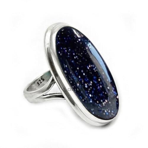 Large Oval Gemstone Handmade Jewelry, 925 Sterling Silver Tribal Ring, Engagement Gifts for Couples, Birthday Gifts for Men, Fathers Day Gifts, Promise Ring, Mens Gifts (Size 9, Blue Sunstone)