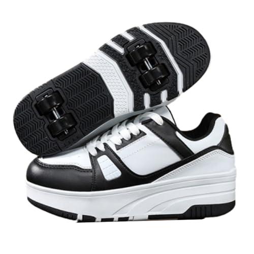 ENEN Scarpe con Rotelle Bambina, Sportive Scarpe da Skateboard 4 Ruote Skateboard Sneakers Outdoor Multisport Scarpe da Ginnastica da Pattini per Ragazze e Ragazzi Nero Bianco