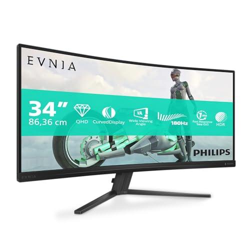PHILIPS Evnia 34M2C3500L - Monitor gaming curvo WQHD da 32 pollici, 180 Hz, 0,5 ms, FreeSync Premium, HDR10 (3440x1440, 2x HDMI, DisplayPort) grigio scuro
