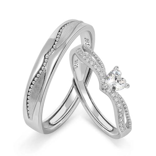 Meissa anelli nuziali a cuore per coppie, anelli promessa regolabili in argento con retro aperto, gioielli per anniversario fatti a mano, Set di due anelli