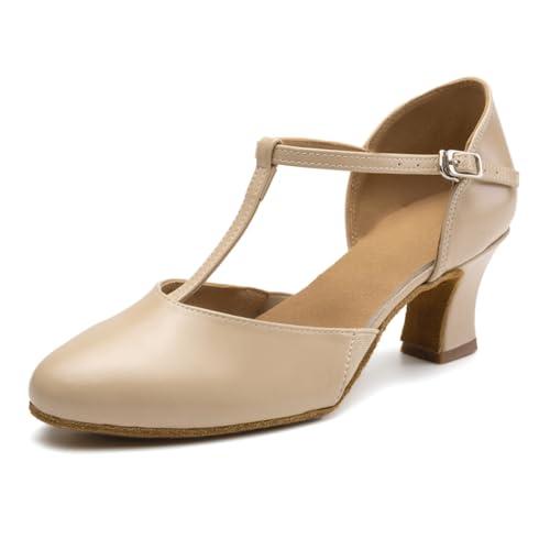 RUYBOZRY Scarpe da Ballo Latino Donna Punta Chiusa Salsa Carattere Standard Scarpe Ballo da Sala Suola Scamosciata con Tacco di 6cm Beige EU 41
