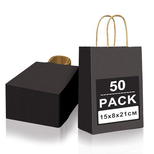 Gucass 50 Pezzi Piccolo Sacchetti Carta con Manici, Nero Borse Carta Kraft Sacchetti da Regalo Carta, 15x8x21cm, Shopper in Kraft Carta Borsa Regalo, per Feste Compleanno Natale Matrimoni Shopping
